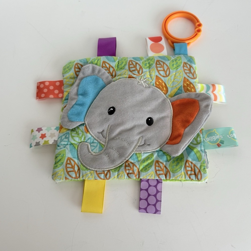 Taggies Elephant Sensory Crinkle Baby Toy Green Striped Leaf Print Ribbon Tabs